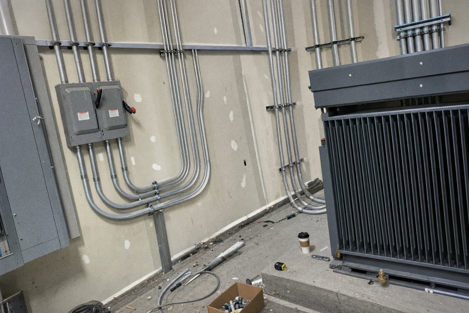 A commercial electrical room with a dry-type transformer, feeder conduits and labelled disconnects.
